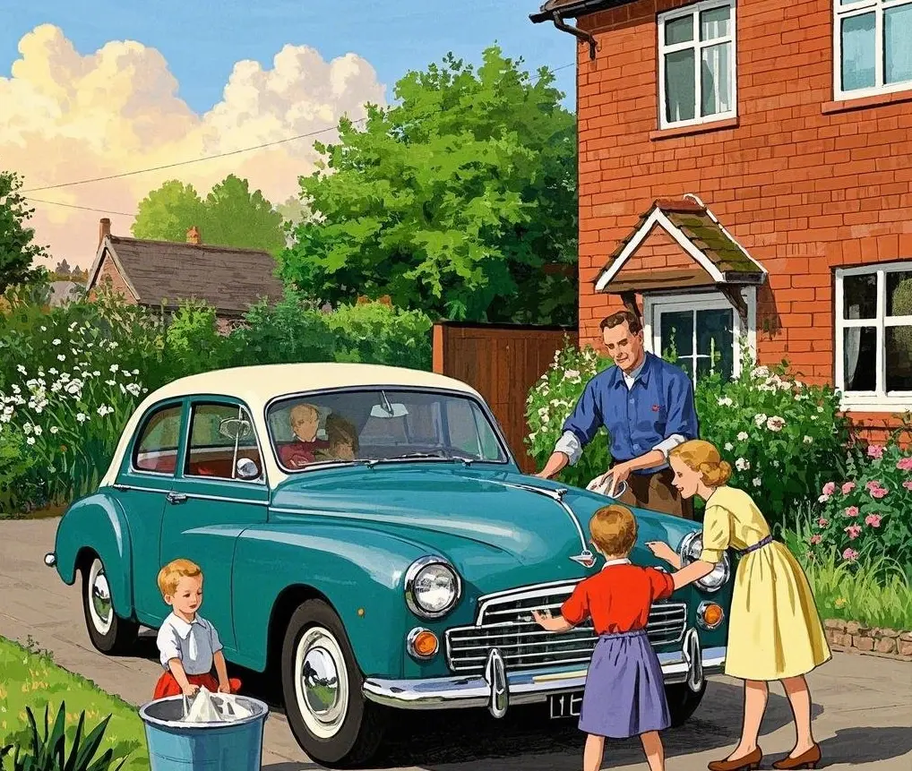 A man and a woman teach their children how to wash their 1950s car on the driveway of an English hou... (2).webp