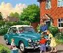 A man and a woman teach their children how to wash their 1950s car on the driveway of an English hou... (2).webp